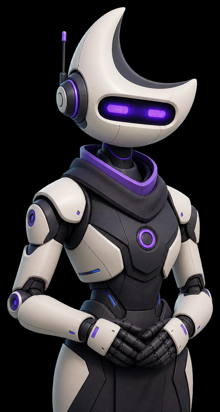 Nova, assistente digital da Hyper Galaxy, representada como uma personagem robótica original em branco, grafite e roxo